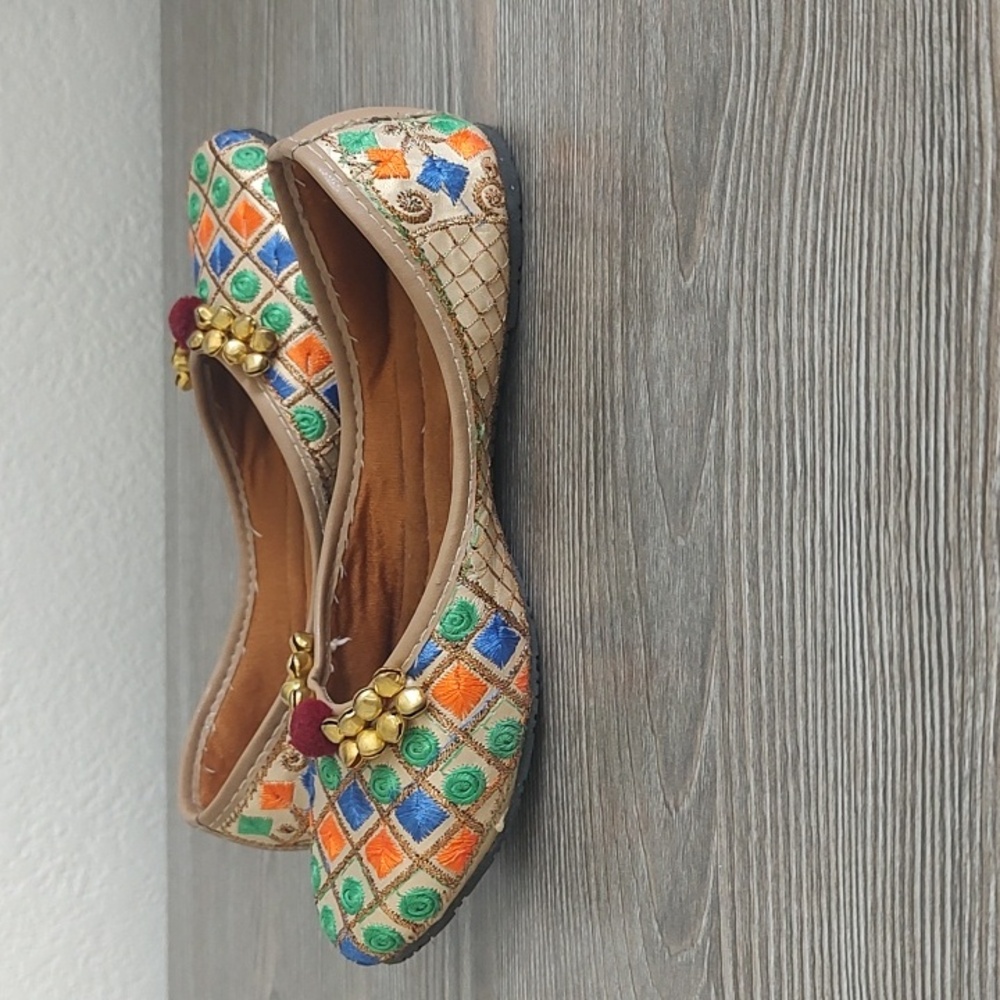 Girls Indian Punjabi Colorful Flat Shoes Bells On Vamp Size 2 Blue Gold Orange - Picture 3 of 13